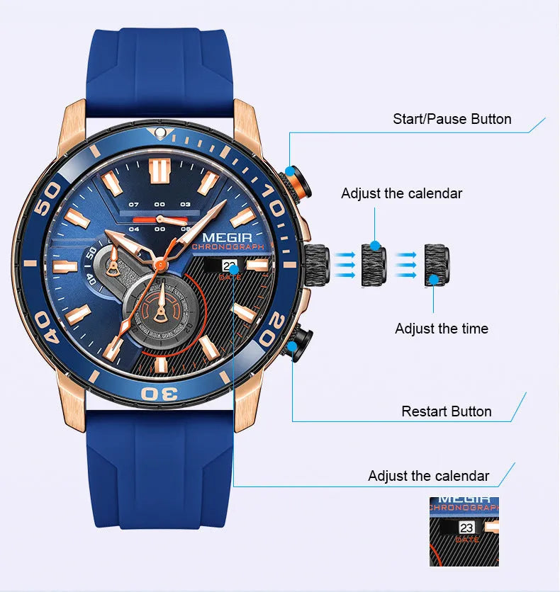 Men's multi-function chronograph calendar sports watch with 53mm dial, mineral glass, stainless steel, blue dial colour