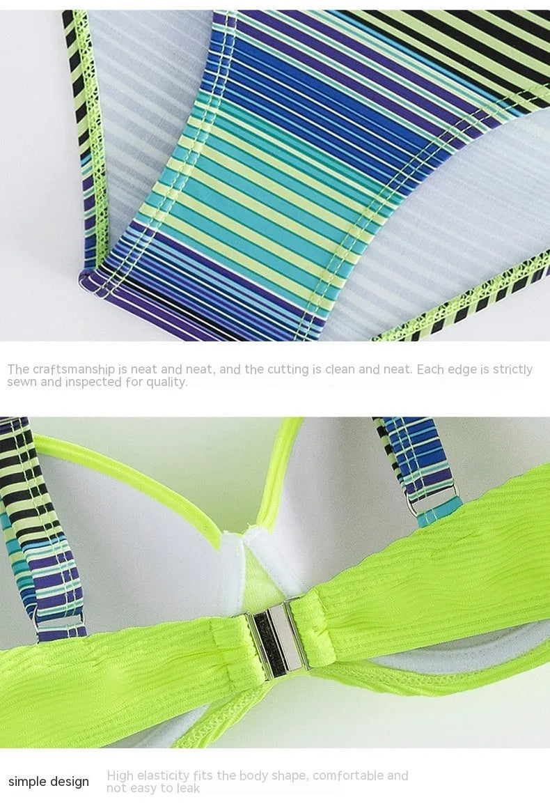 Women's green printed polyester halter bikini set with high-waist briefs on white background