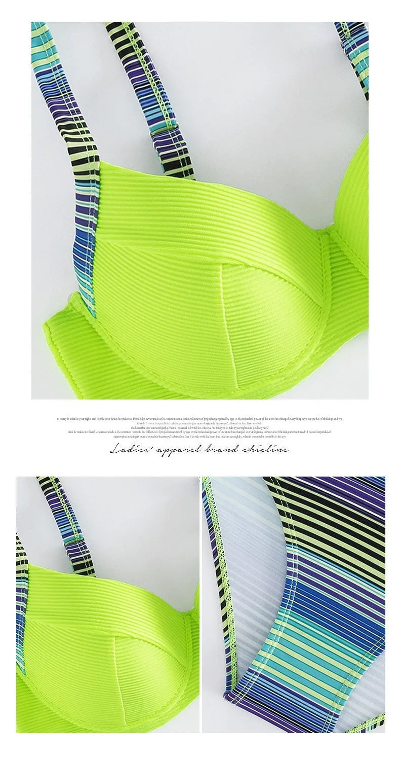 Women's green printed polyester halter bikini set with high-waist briefs on white background