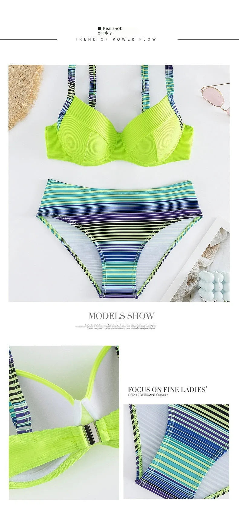 Women's green printed polyester halter bikini set with high-waist briefs on white background