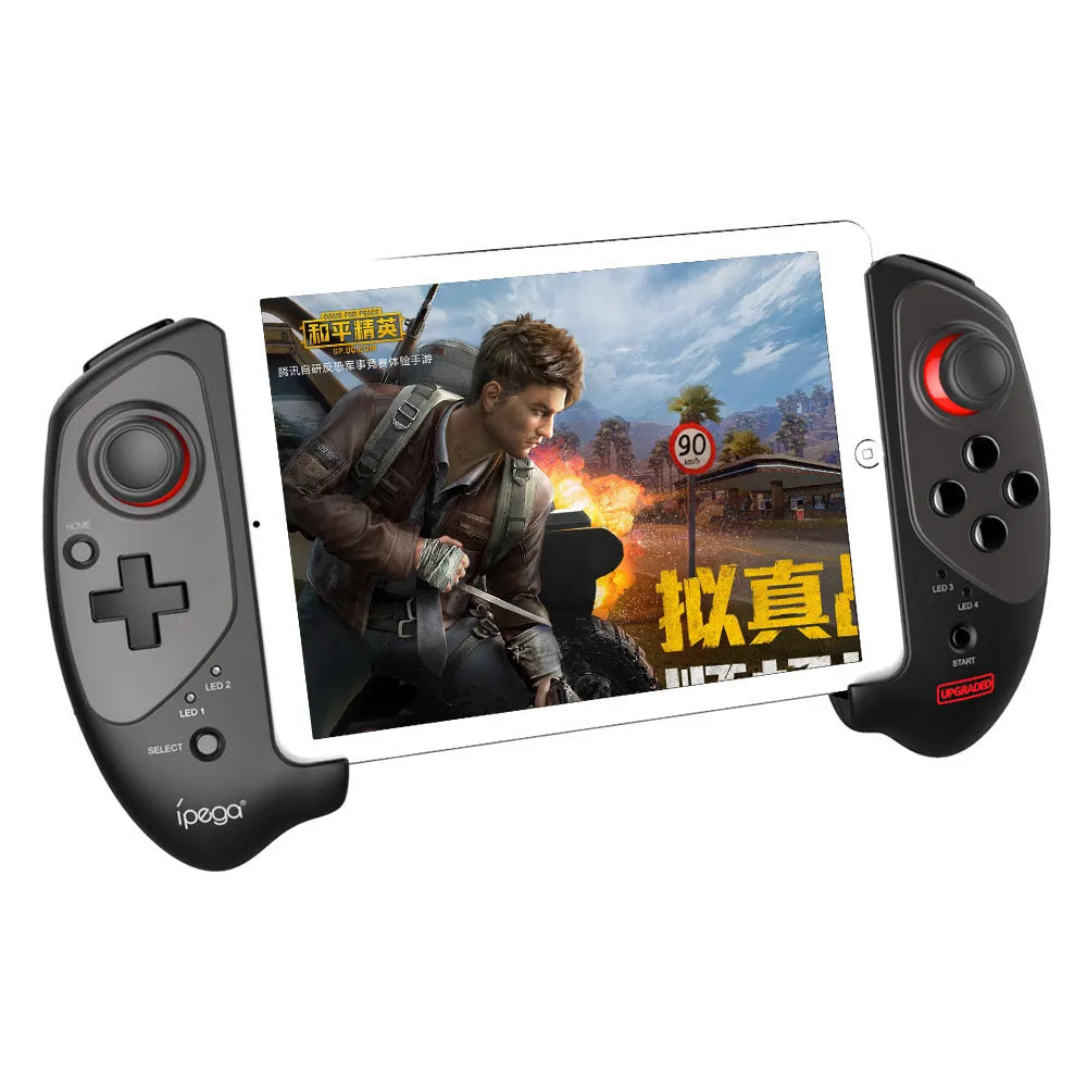 Red telescopic gamepad controller holding smartphone with USB cable