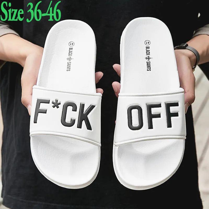 Large size personalised men's slippers with open toe design in black or white colour options