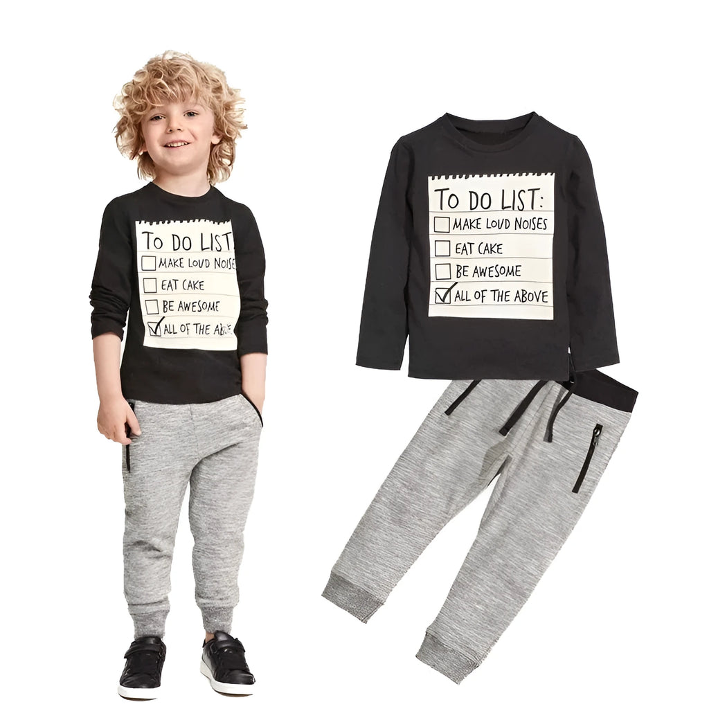 Boys' cotton two-piece clothing set with long sleeves and letter pattern for ages 3-7