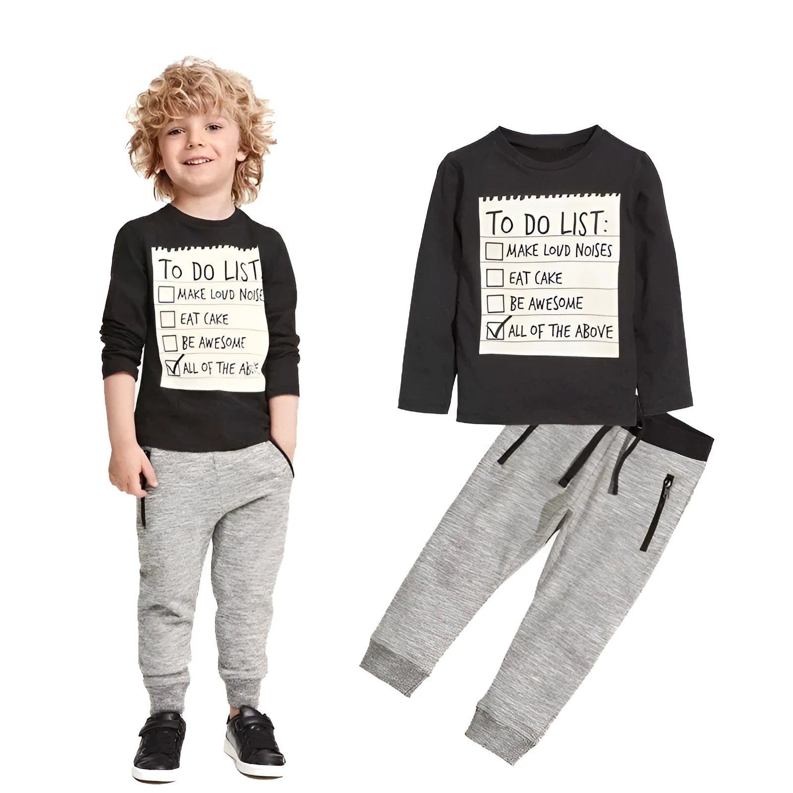 Boys' cotton two-piece clothing set with long sleeves and letter pattern for ages 3-7