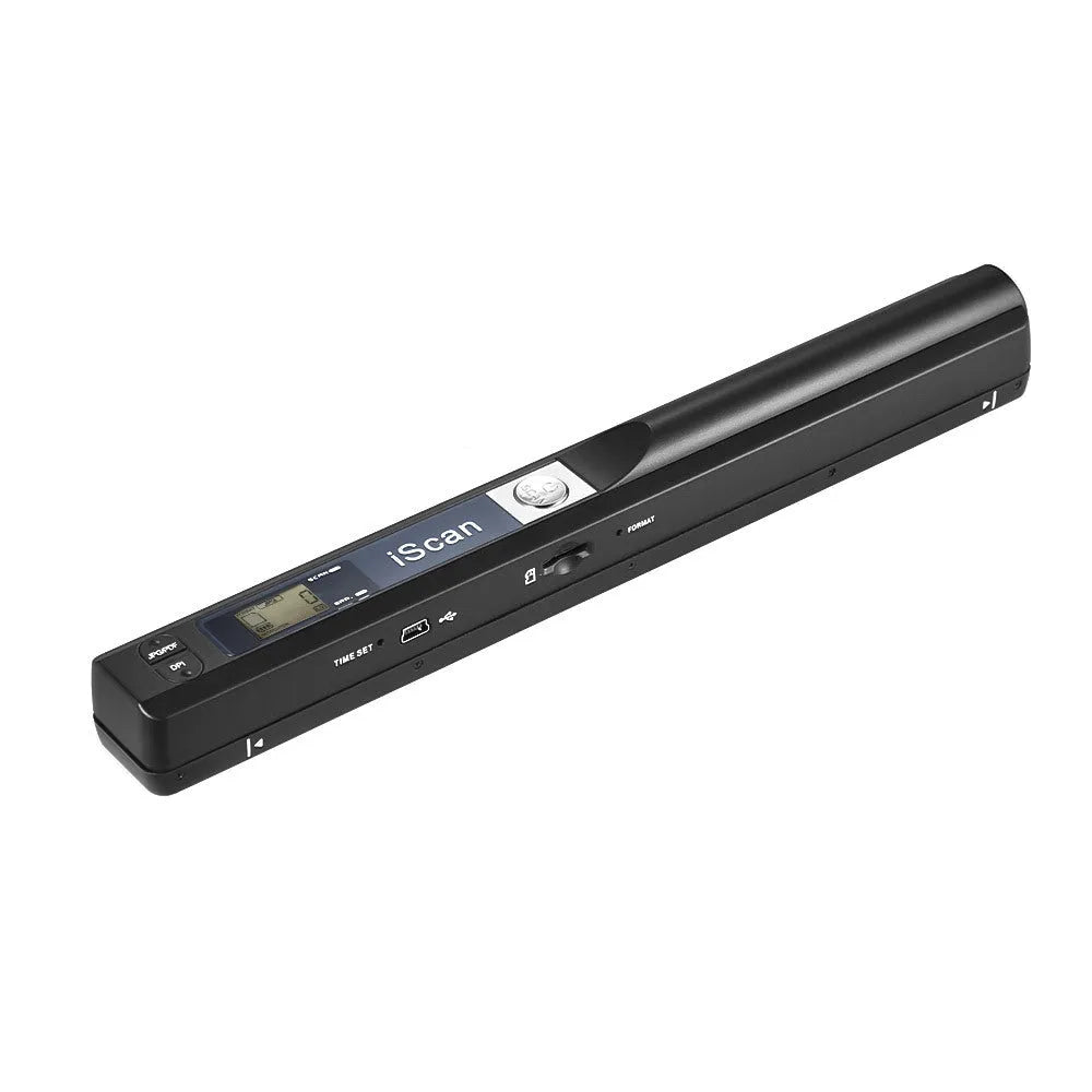 A handheld USB scanner with a plastic body shown in multiple colour options: black, blue, green, red, and silver.