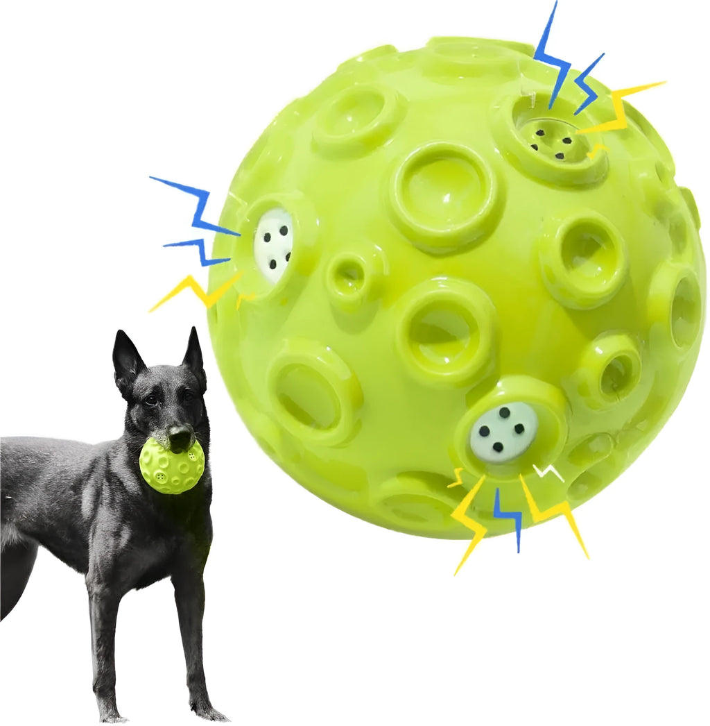 Colourful rubber dog chew ball with textured surface and squeaky sound mechanism