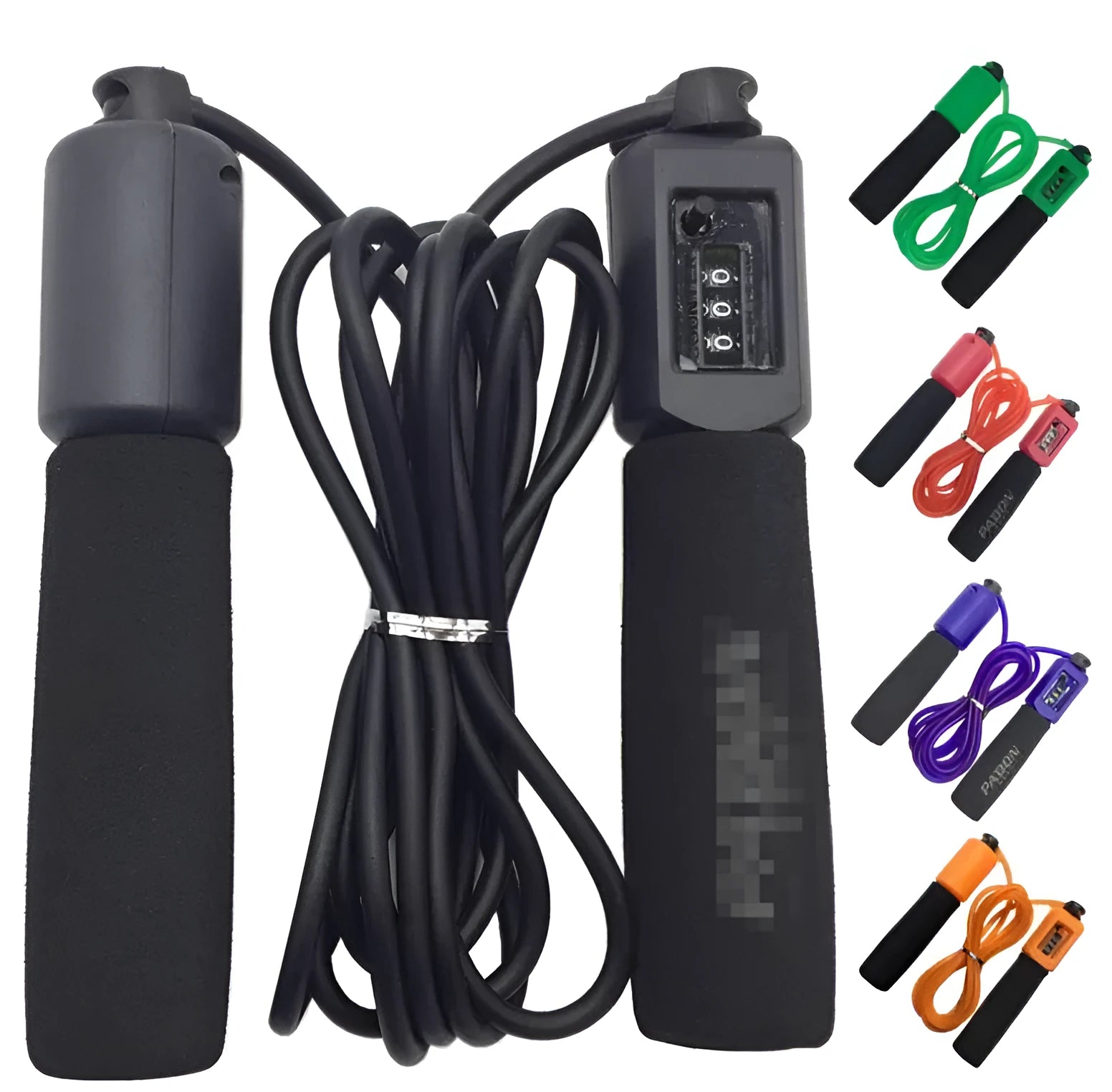 Adjustable fitness skipping rope with foam handles and blue PVC cord on a grey background