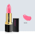 Moisturising lipstick lip gloss in a compact case, shown in coral red and other colours from the 10-shade range.