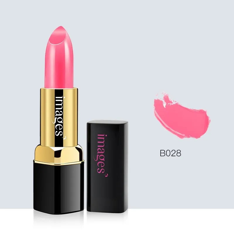 Moisturising lipstick lip gloss in a compact case, shown in coral red and other colours from the 10-shade range.