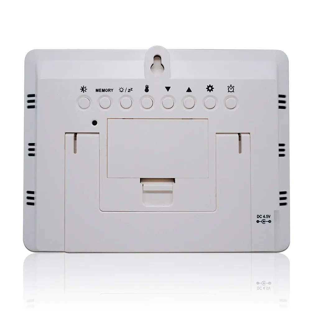 Rectangular desktop weather station clock with LCD display showing temperature humidity and forecast data