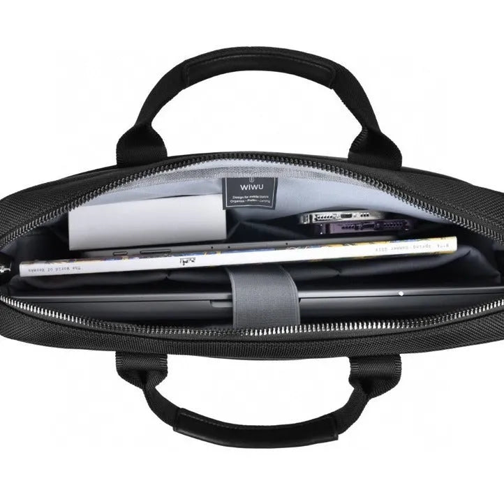 Black Oxford cloth computer handbag showing multi-pocket design and laptop compartment