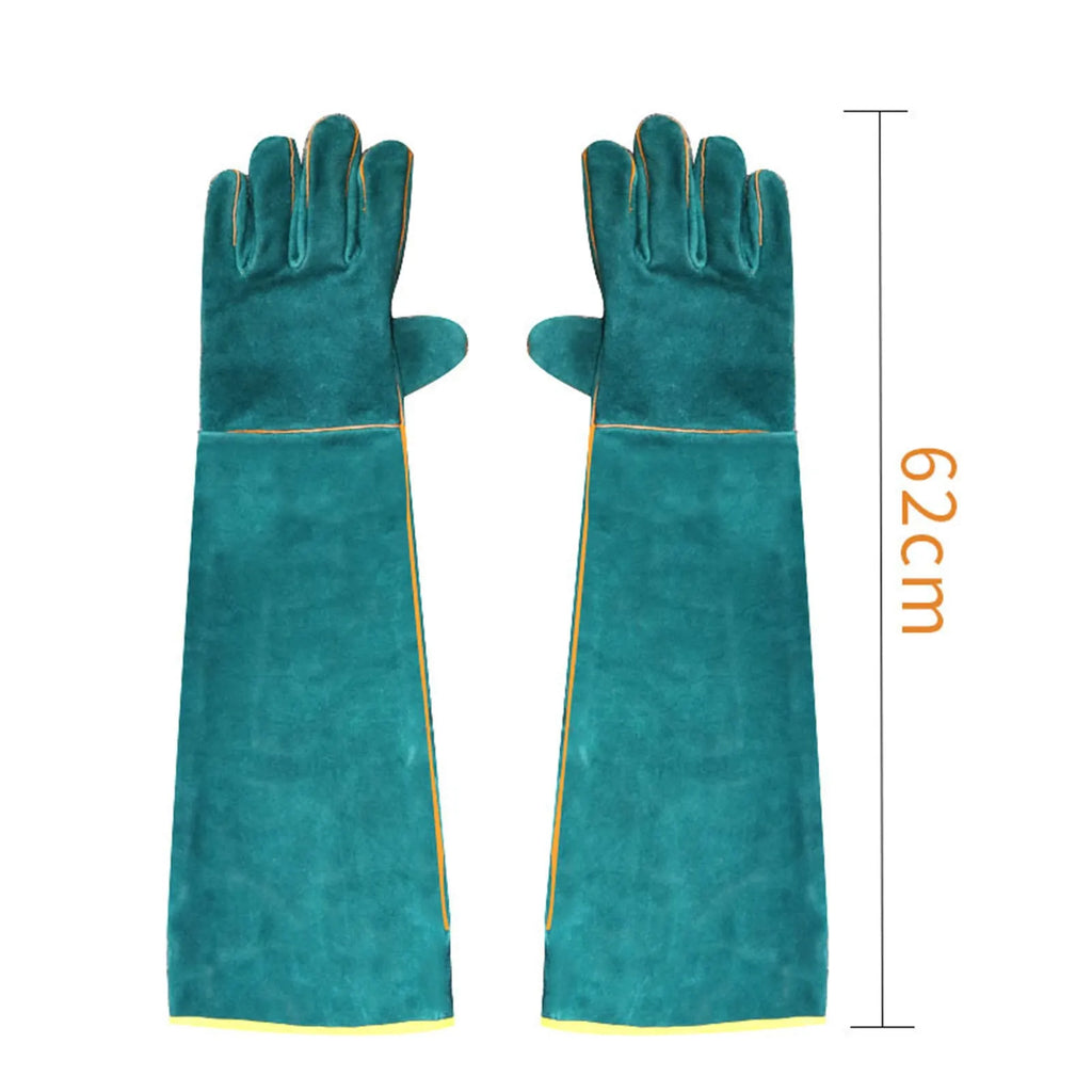 Multi-function anti-bite safety gloves made of thickened cowhide leather, dark green, with extended barrel cuffs for animal handling.