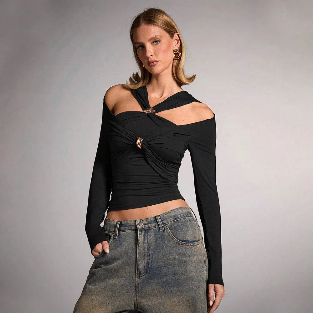 Black women's slim fit halter top with long sleeves and a strapless neckline.