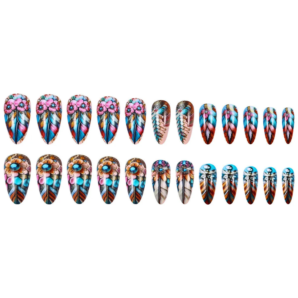 Retro colourful feather wear armour nail art set with jelly glue burnishing stick, plastic decorative pieces, for ladies.