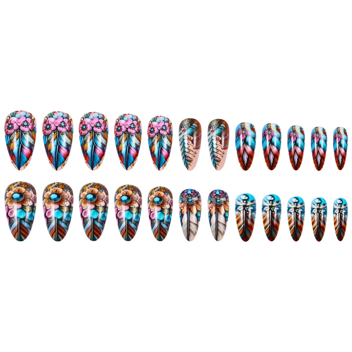 Retro colourful feather wear armour nail art set with jelly glue burnishing stick, plastic decorative pieces, for ladies.