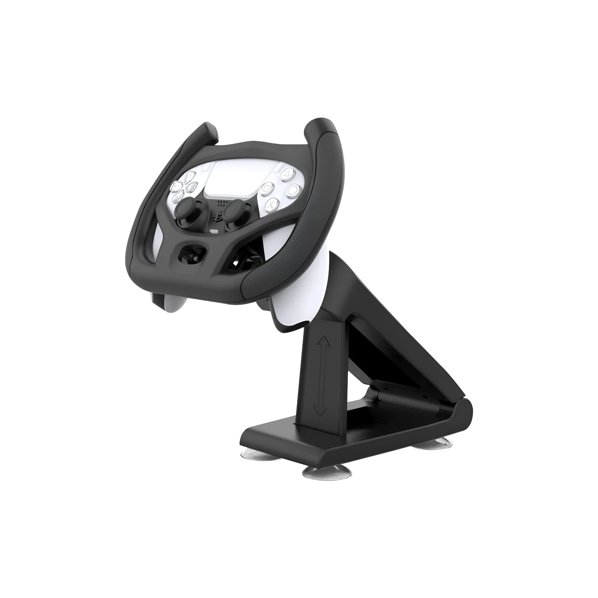 Black universal gamepad steering wheel bracket with suction cup for mounting a smartphone.