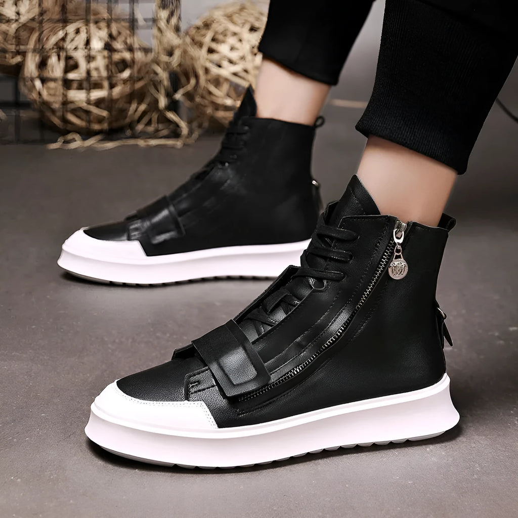 PU leather men's winter ankle boots in black and white colours with high-top sneakers style