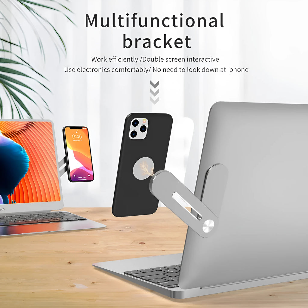 Silver aluminium alloy screen support holder for laptop side mount connecting a tablet and phone
