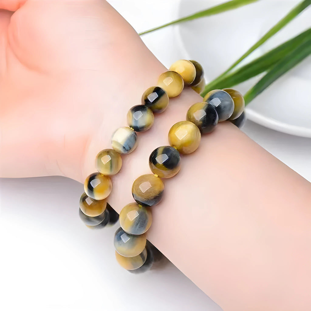 Fantasy tigereye agate bracelet, 10mm round beads, single circle unisex design