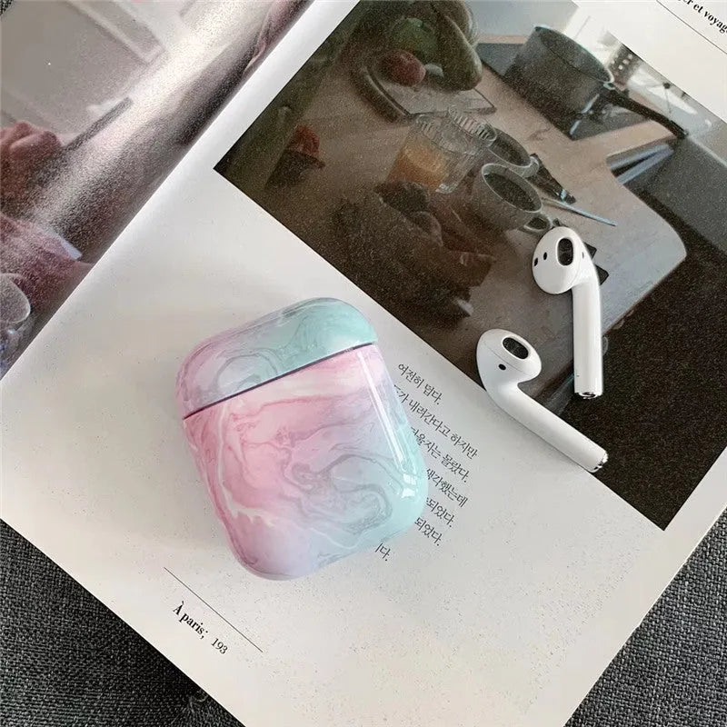 White Marble hard plastic protective case for Apple AirPods 1 and AirPods 2 wireless headset.