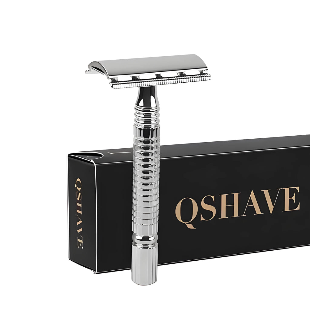 Stainless steel double edged safety razor with ergonomic handle, five blades, and a black travel case.
