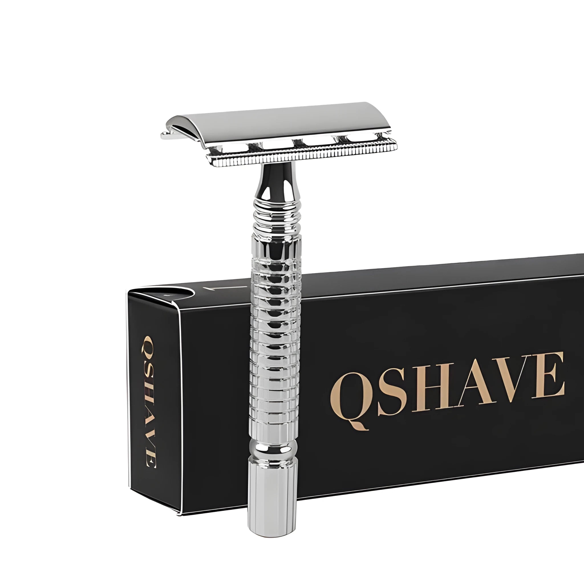 Stainless steel double edged safety razor with ergonomic handle, five blades, and a black travel case.