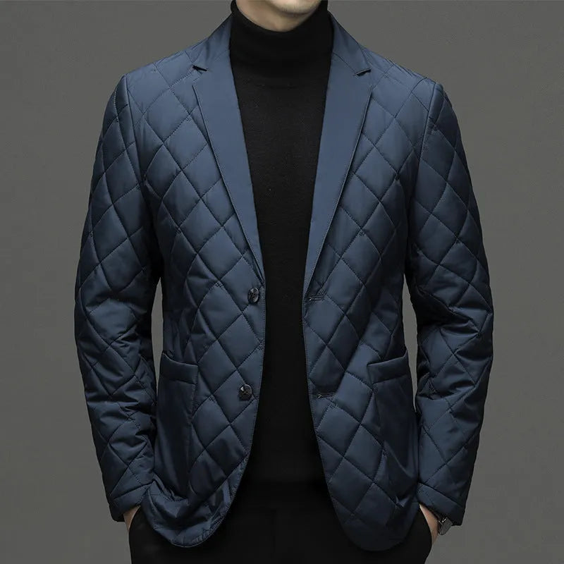 Men's solid colour thick winter down jacket with lapel cardigan style and side seam pockets