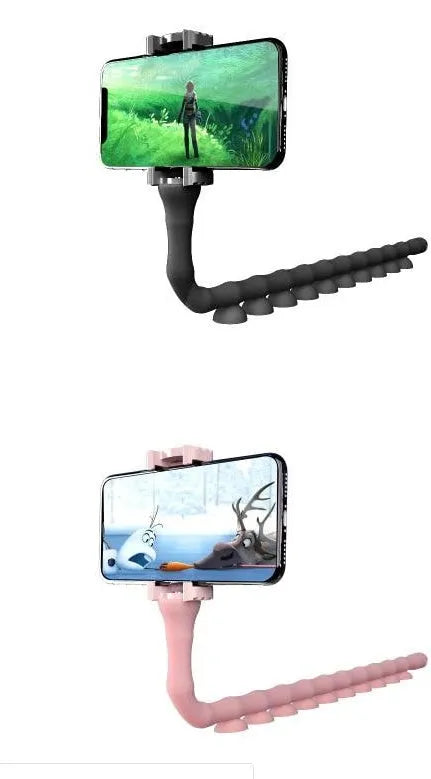 Flexible black phone holder with bendable arm and suction cup mount showing 360-degree rotation