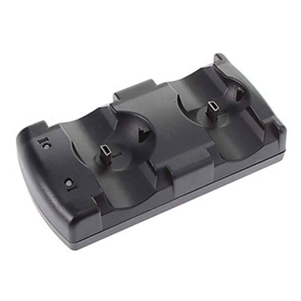 Black PS3 dual controller charging dock with USB cable, showing space for two wireless controllers.