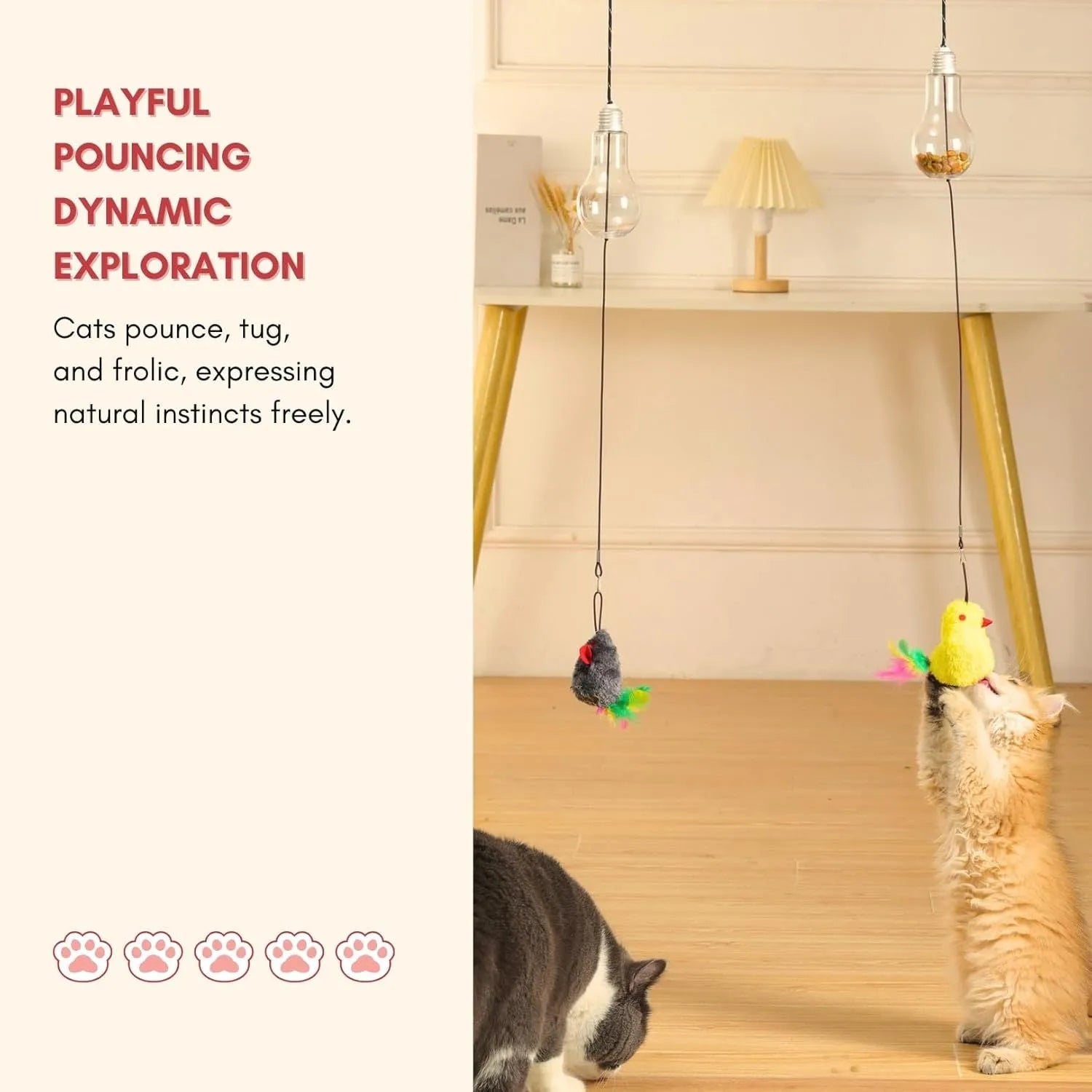 Creative interactive cat toy hanging on door frame with gray and yellow colour options, elastic rope, and treat dispensing bulb