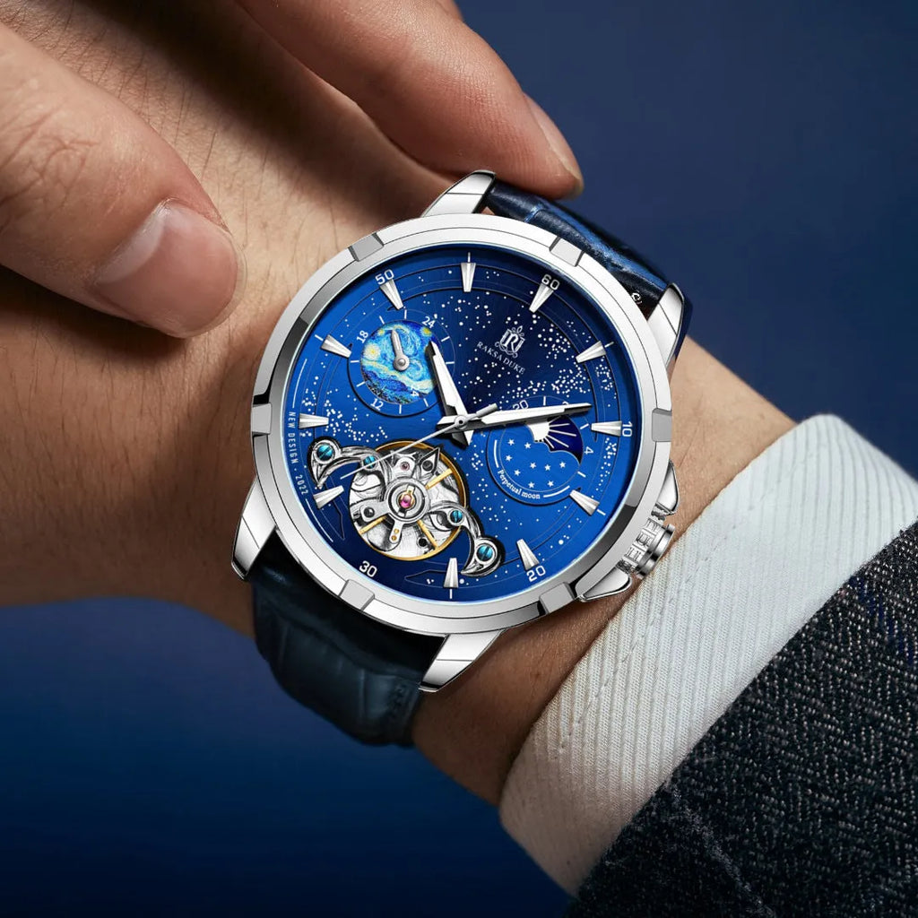 Men's automatic mechanical watch with blue dial and stainless steel bracelet showing thickness