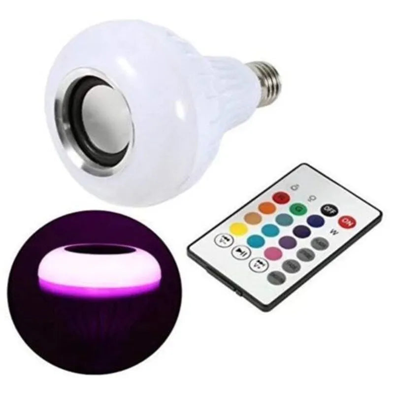 White smart LED bulb with E27 base featuring built-in Bluetooth speaker and remote control for 16 colour lighting.