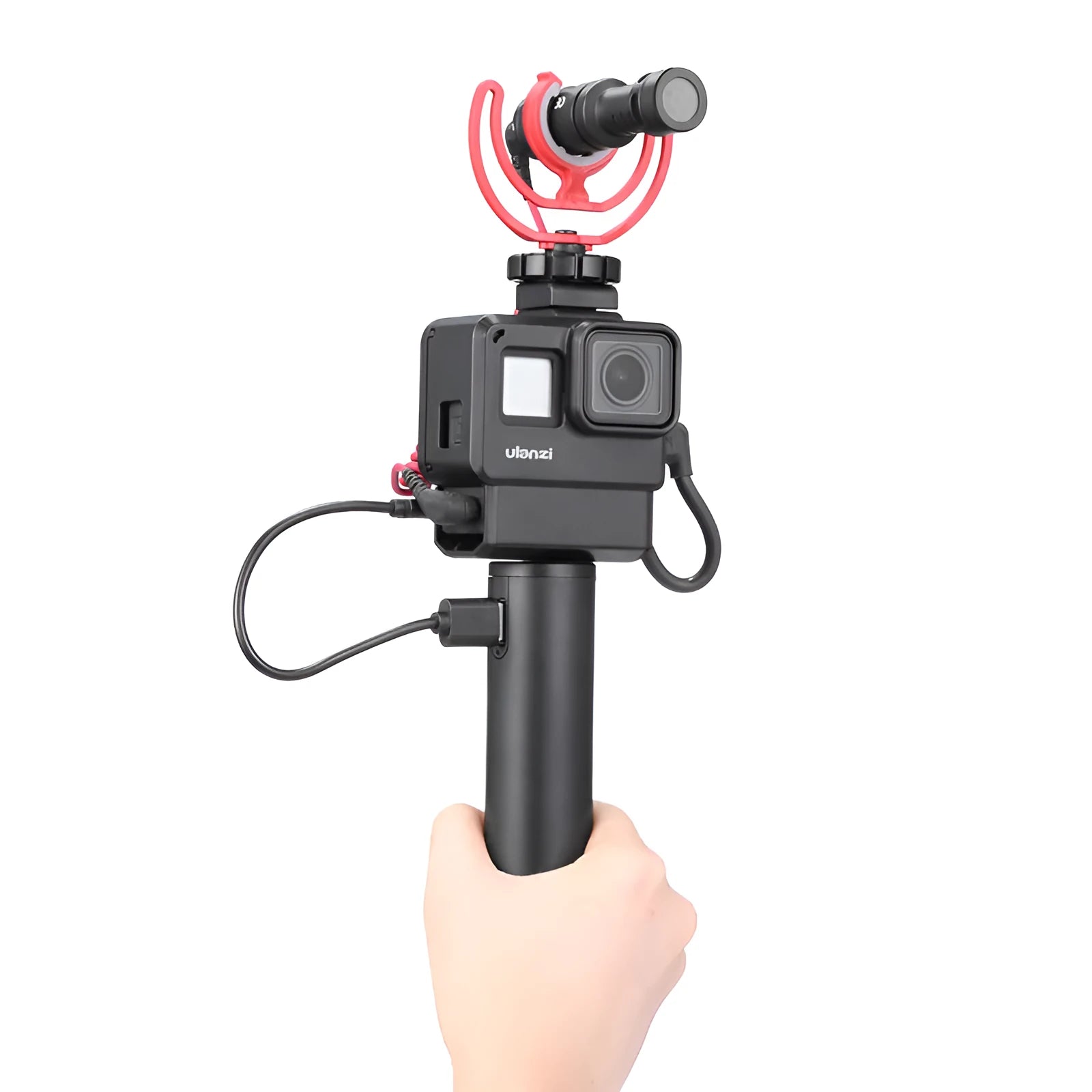 Black aluminium alloy charging treasure handle power bank measuring 12.5cm with 6800mAh capacity
