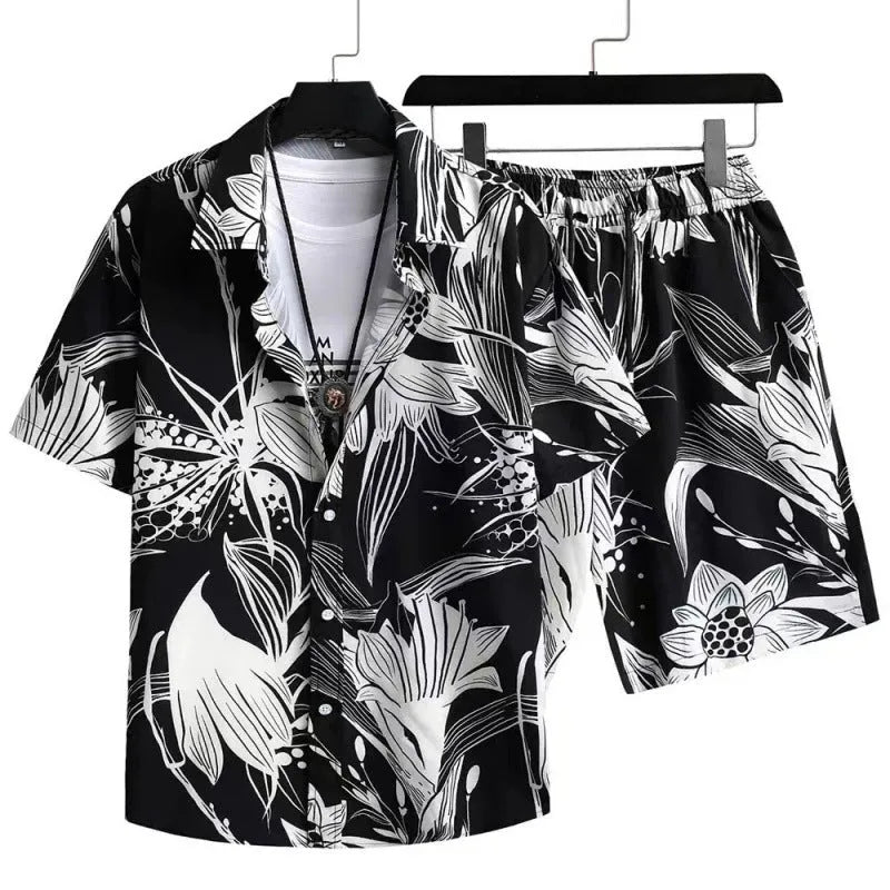 Men's casual suit set with digital printed shorts and short sleeve cardigan in polyester elastic fabric