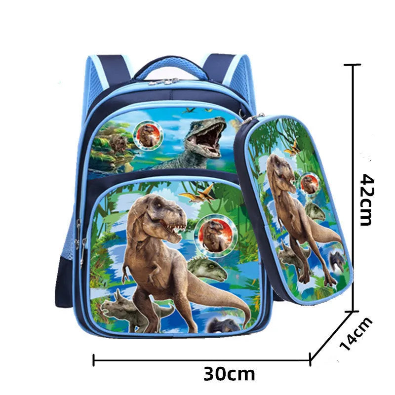 Blue cartoon print children's nylon school backpack with pencil case, shown with dimensions.