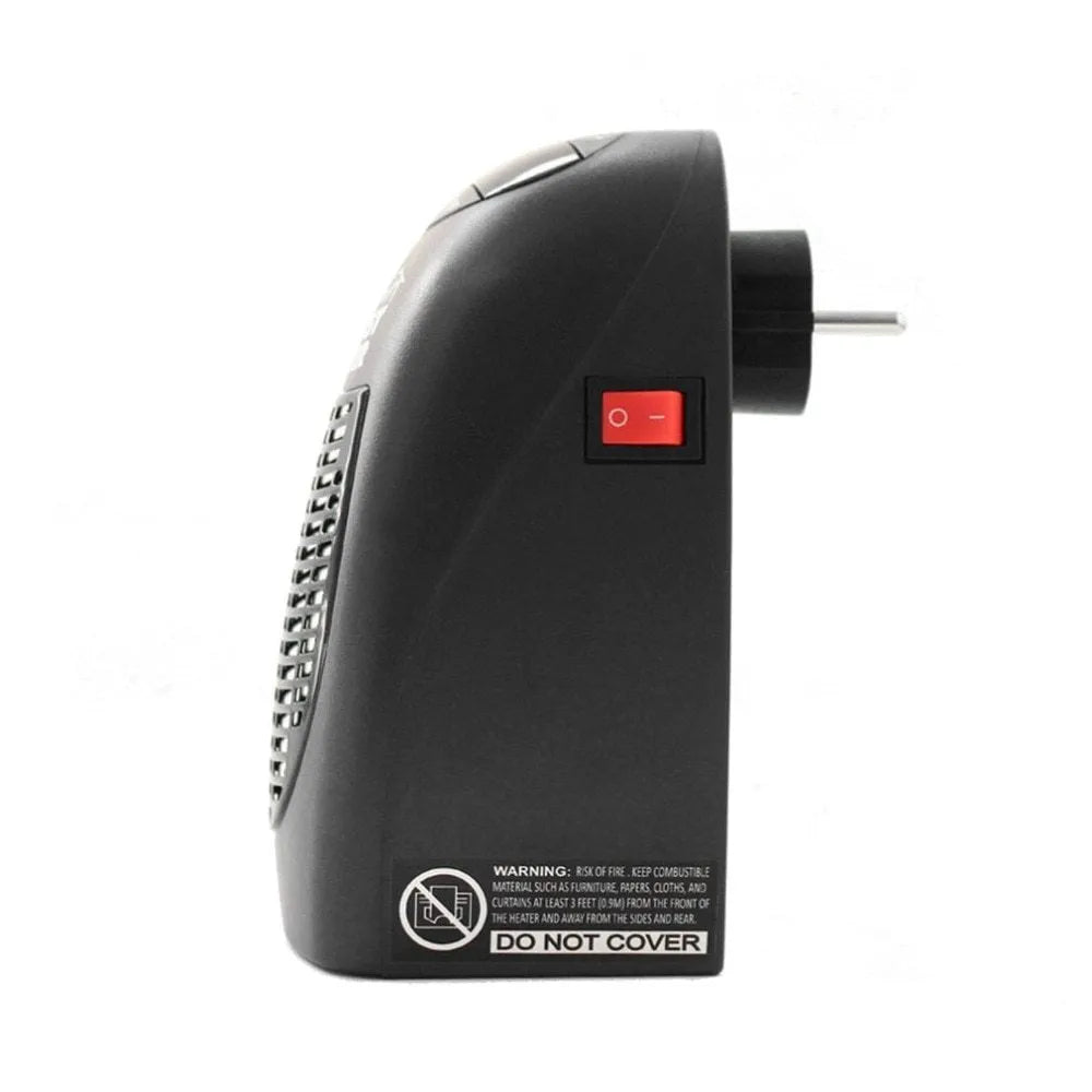 Black compact mini ceramic electric heater with digital display and a rotating plug.