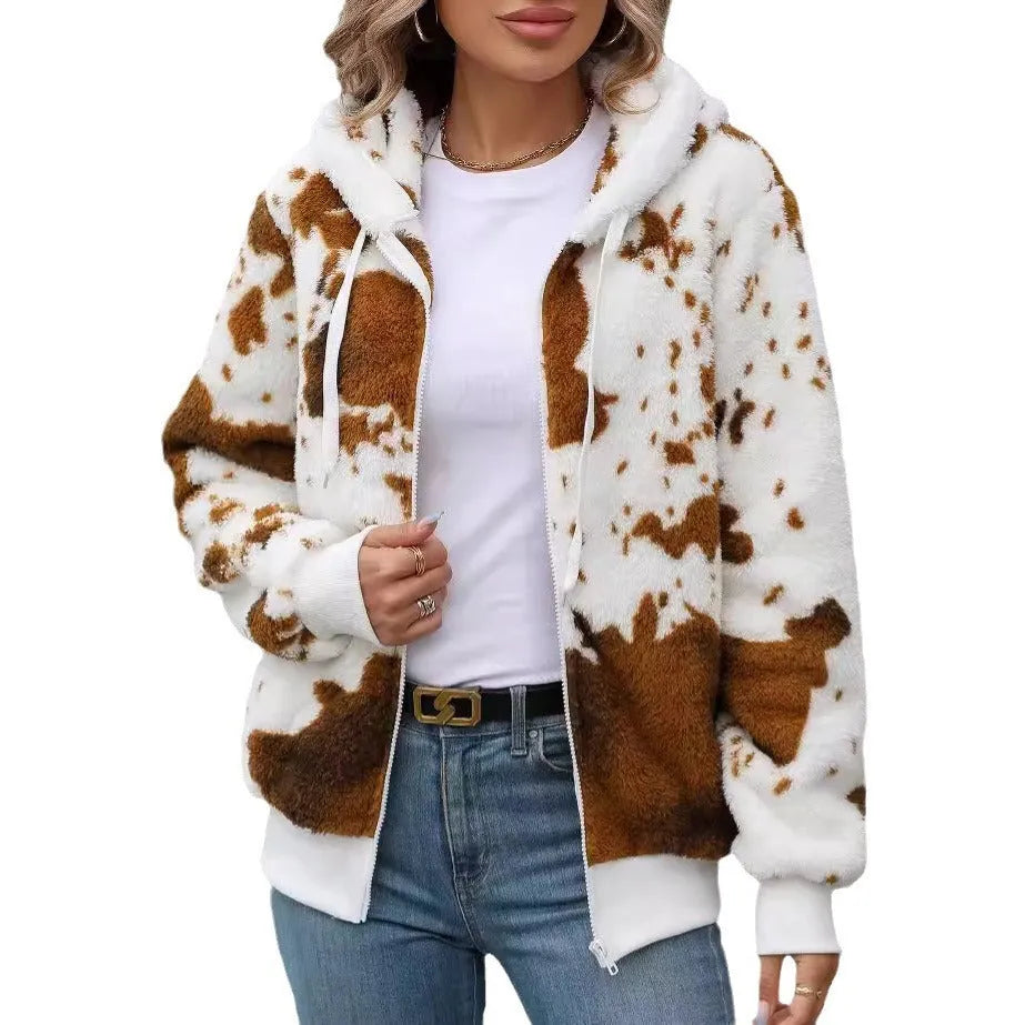 Men's yellow brown cow animal print hooded zip cardigan jacket
