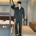 Ice Silk men's pajamas V-neck long sleeve two-piece set in Black Stripes on a model