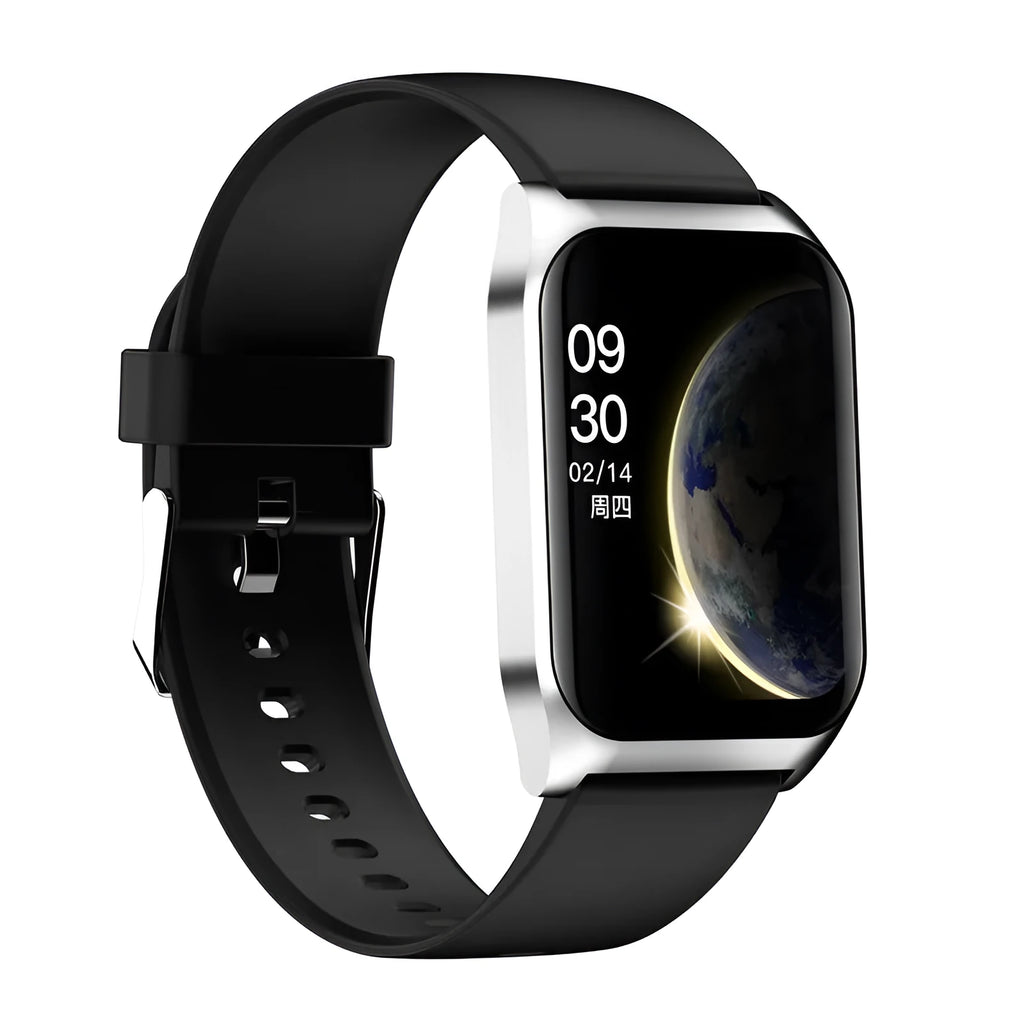 Smart watch with 1.69-inch screen showing heart rate display on silicone wristband