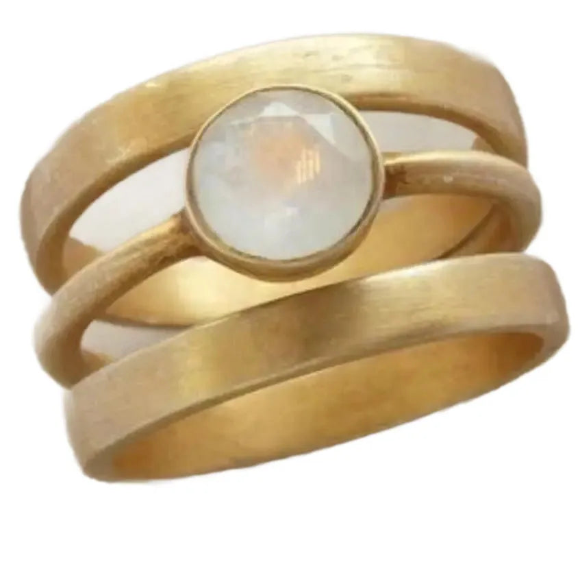 Gold-plated titanium steel ring with hollow micro-inlaid white chalcedony, geometric design, unisex, size No 8
