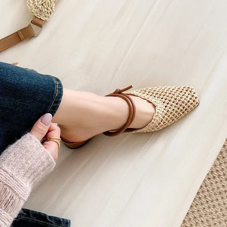 Women's square toe chunky heel slippers in beige colour with hollow-out upper, side view