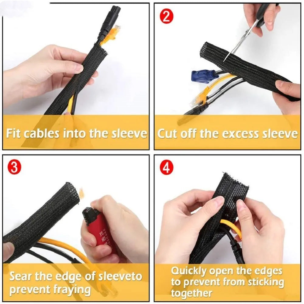 Black self-winding polyester mesh sleeve for protecting automotive wires and cables, shown in a 1 metre length.