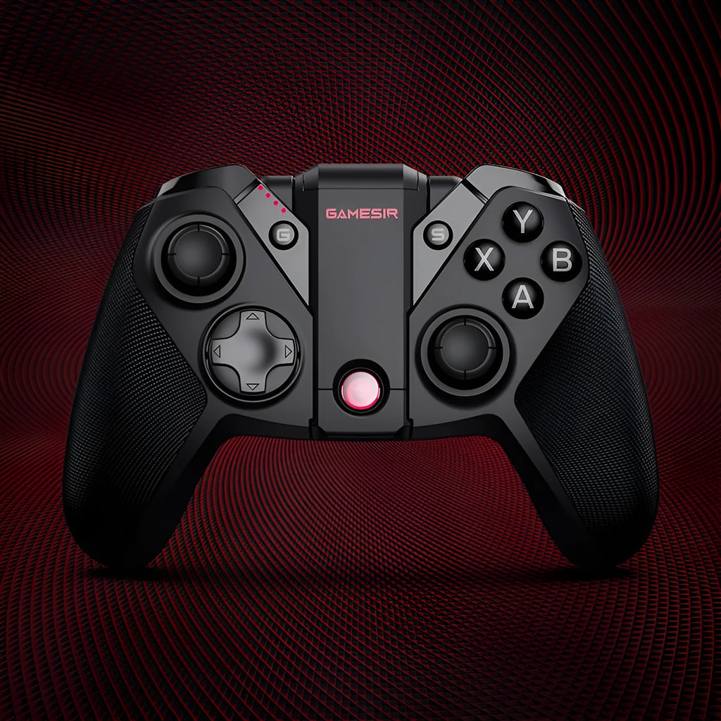 Black game controller with a unique chicken-shaped handle and a USB Type-C cable.