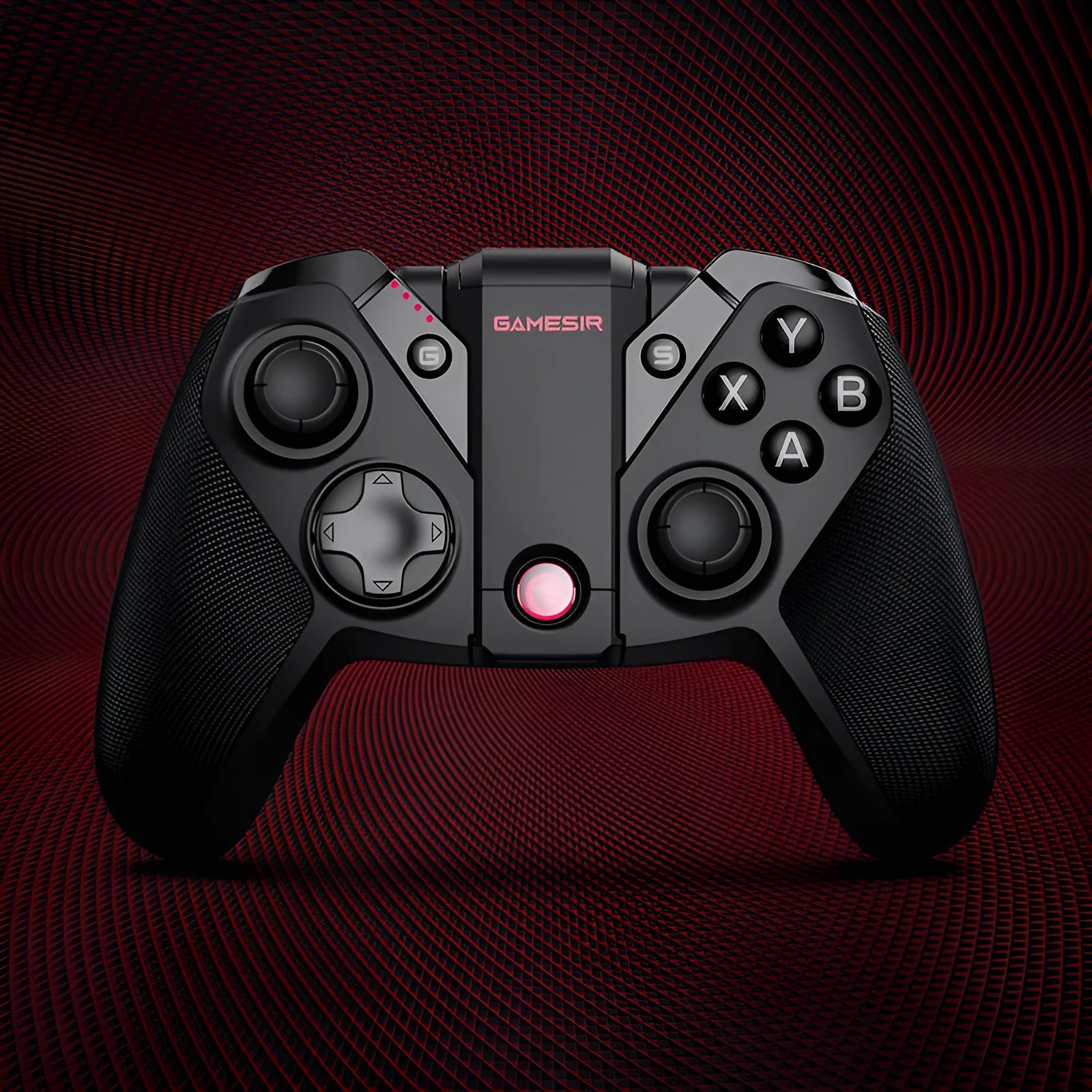 Black game controller with a unique chicken-shaped handle and a USB Type-C cable.