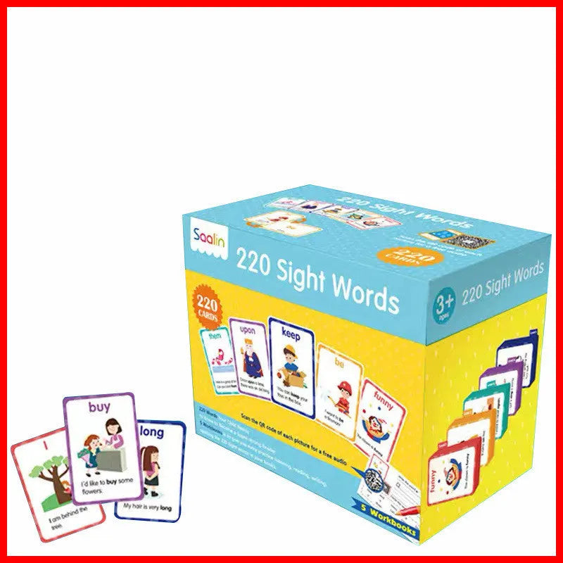 220 High Frequency Word Gift Box Set showing coated paper flashcards and interactive workbooks for children's English education