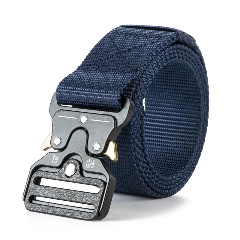Men's thick canvas tactical belt with alloy release buckle shown in Army Green colour