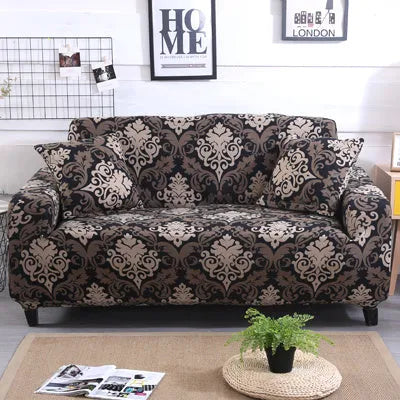 Geometric abstract printed stretchable sofa slipcover on a double seat sofa, polyester and spandex, modern simplicity style