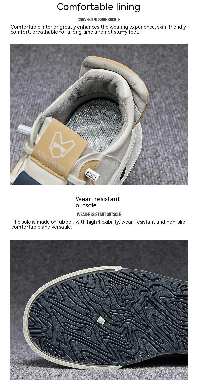 Men's beige low-top sneakers with elastic band closure and leather stitch detail on microfiber upper