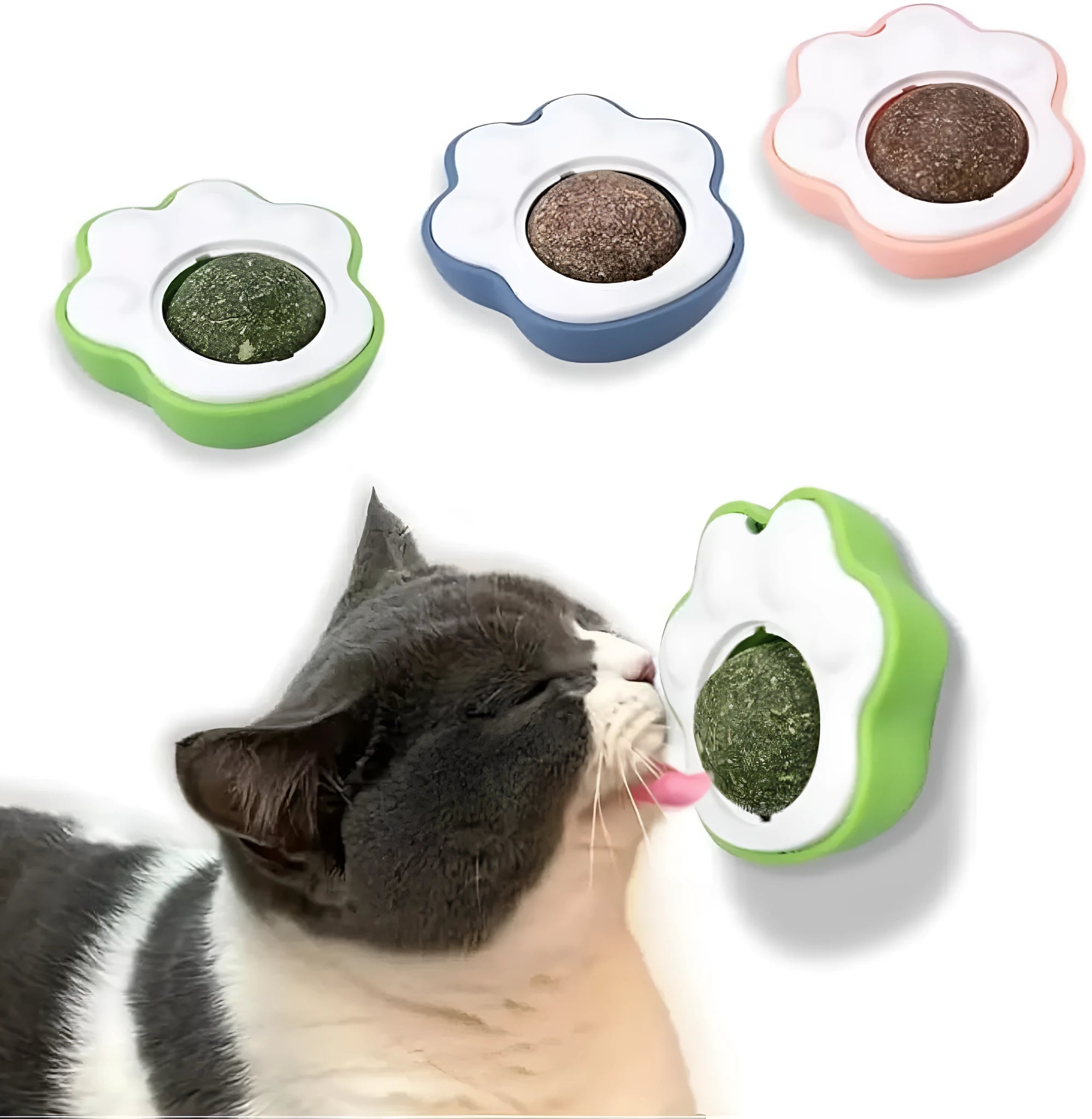 Blue, green, and pink mouse-shaped catnip chew ball toy with edible vine and plush fabric.