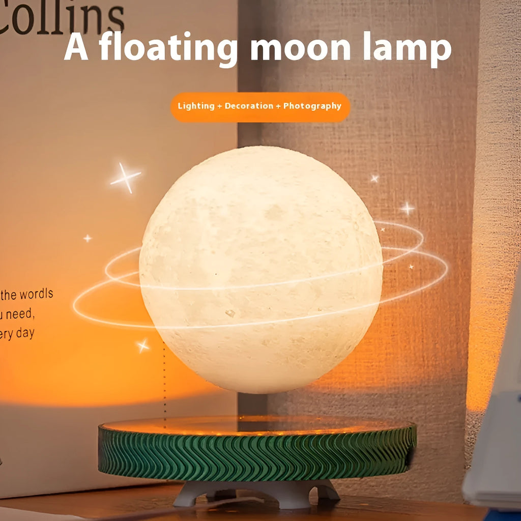Magnetic suspension moon lamp floating above its base as a modern night light and decorative ornament.